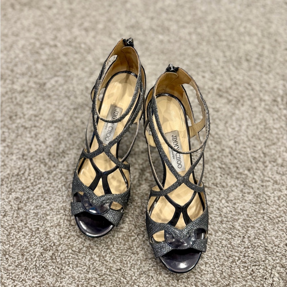 Jimmy Choo Black Glitter Strappy Open-Toe Heels